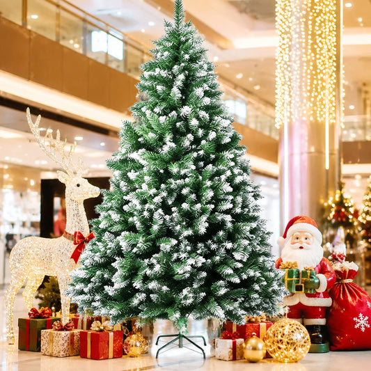 8FT Snow Flocked Artificial Christmas Tree, Unlit Frosted Pine Tree with Foldable Metal Base, PVC Fireproof Xmas Tree for Indoor Home Commercial Holiday Decoration